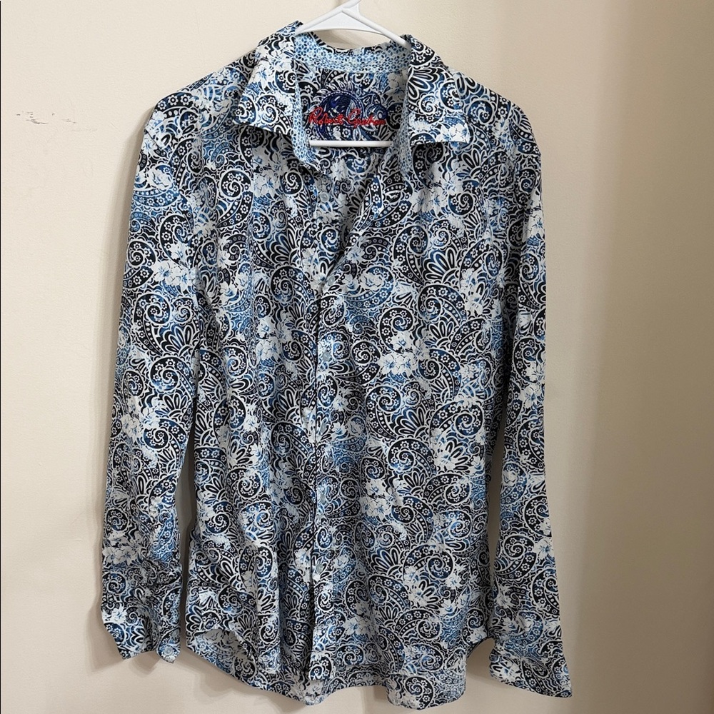 Men's Blue and White Patterned Shirt - Robert Graham XL classic fit